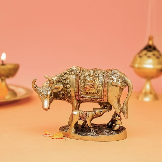 Lord Krishna with Kamdhenu cow and calf brass idol