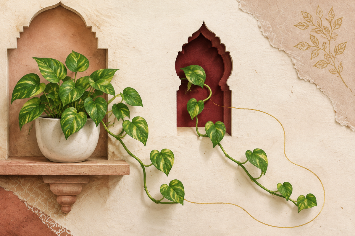 Editorial illustration of a trailing golden pothos money plant on an Indian home alcove ledge