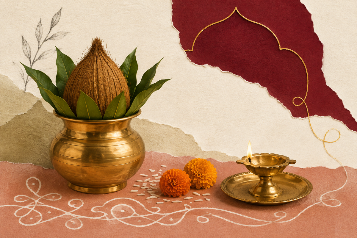Editorial illustration of a brass kalash with coconut and mango leaves, a diya and marigold flowers