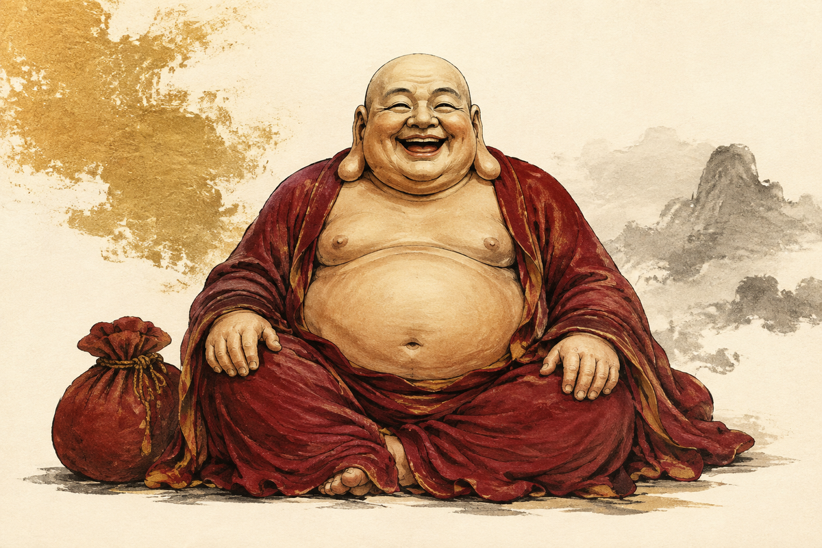 Original illustration of seated Budai, the Laughing Buddha, with a maroon robe, joyful expression and cloth travel sack.