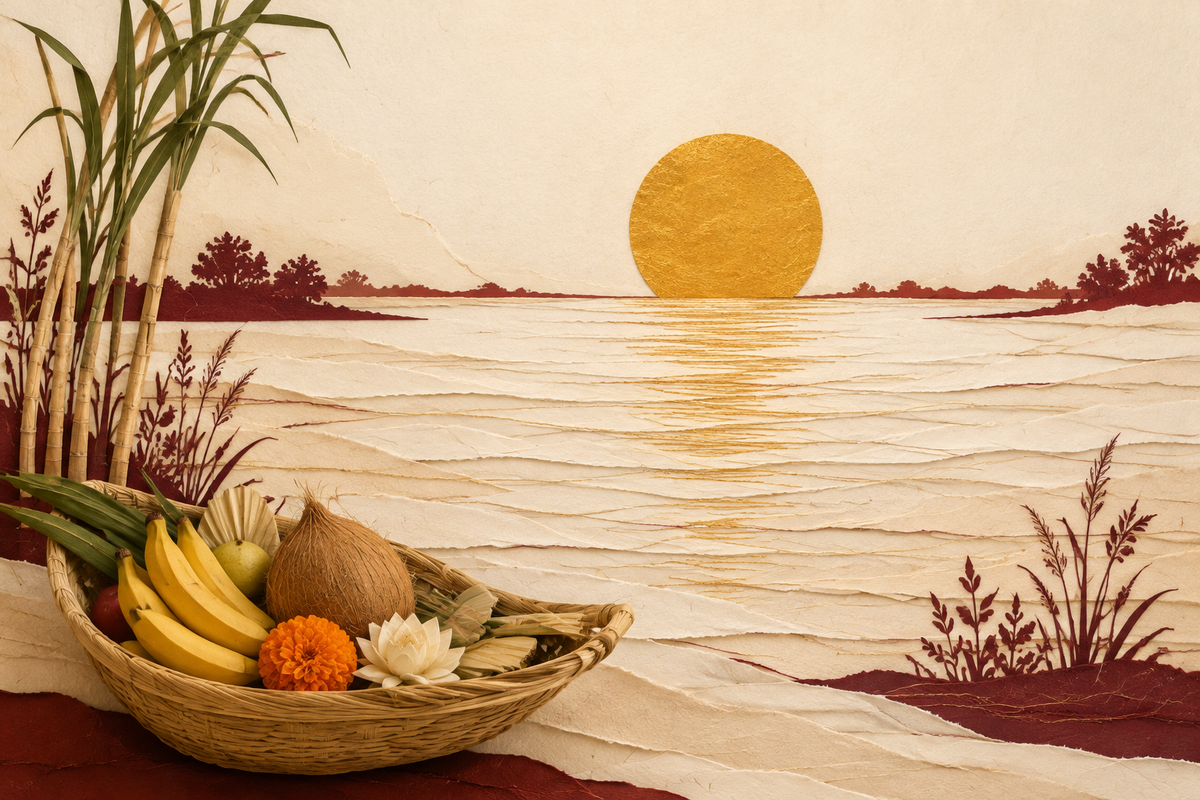 Conceptual Chhath Puja illustration of a golden river sunrise, layered paper ripples and a woven offering basket with fruit and flowers; not event photography.
