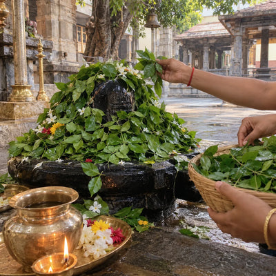 A Shivling under a mound of bilva leaves for the 1,008 bilva patra puja