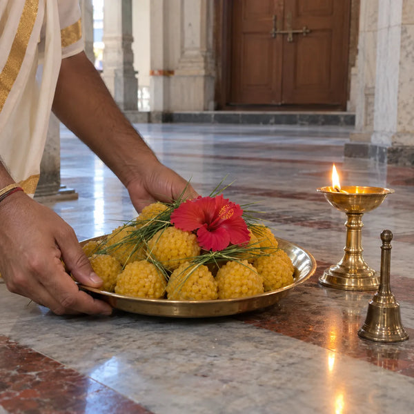 A brass plate piled with laddoos, topped with durva grass and a red hibiscus