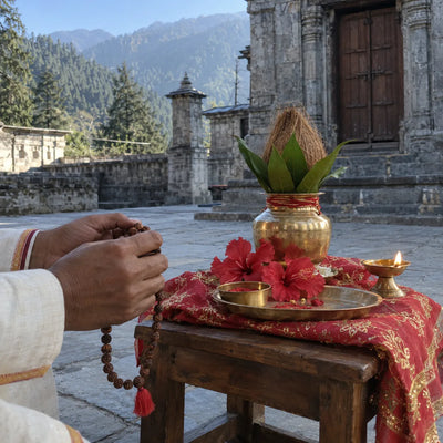 A rudraksha mala, a kalash with a coconut, red hibiscus and a ghee lamp in the hills