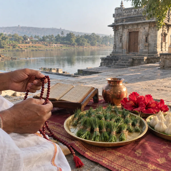 A mala, a manuscript and 21 durva bundles for Ganesh avartans