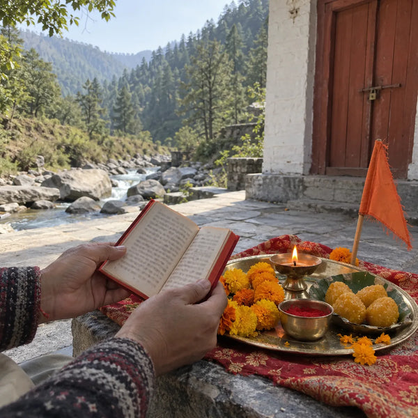 A Hanuman Chalisa booklet with a diya, marigolds, sindoor and laddoos, pine hills behind