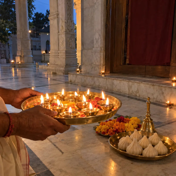 A brass aarti plate with rows of lit diyas beside marigold petals and a bell