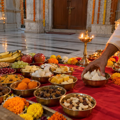 Rows of brass bowls with sweets, fruits and dry fruits for a 56 bhog offering