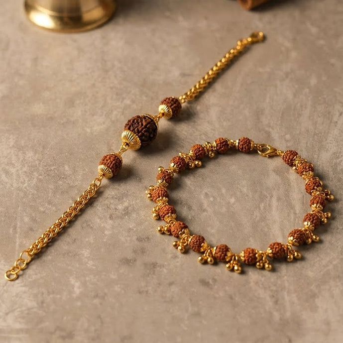 Shiva-Shakti Duo: Rudraksha Link Chain & Gold-Finish Bracelet