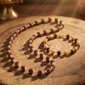 Vijaya Shakti Set: Authentic 54-Bead Rudraksha Necklace with Gold-Linked Unisex Bracelet
