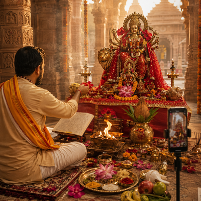 Pandits performing Shri Sukt and Durga Chalisa puja online at Ayodhya