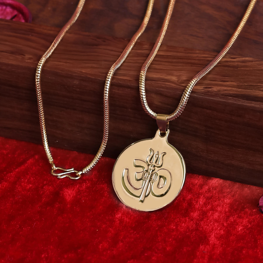 Gold Plated Round Om & Trishul Pendant