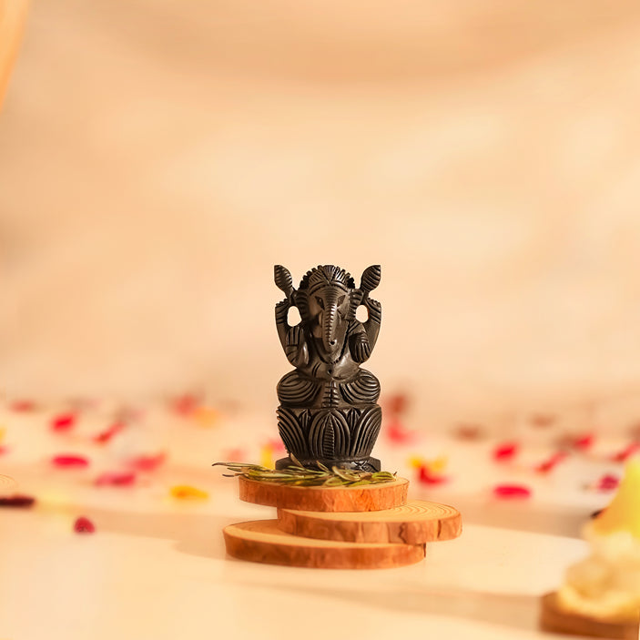 Divine Hindu Lord Ganesh Karungali Idol with Lotus Base– Ebony Wood