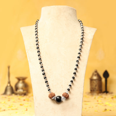 Silver Capped Karungali Malai with 6 Mukhi Rudraksha & Black Bead large