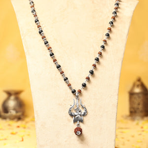Rudraksha Karungali Mala in Silver-Cap with Shiv Trishul & Rudraksha Pendant