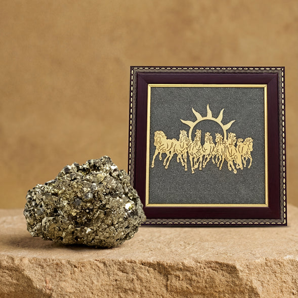 7 Running Horses Frame & Raw Pyrite Stone | Success & Wealth Combo