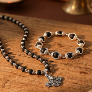 Karungali Malai Combo - Silver Cap Lord Venkateswara Face Pendant & Karungali Malai Bracelet
