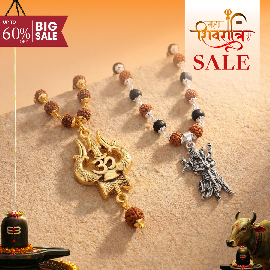 OM Shiva Trishool Rudraksha Necklace and Mahadev Murti Pendant Combo with Karungali