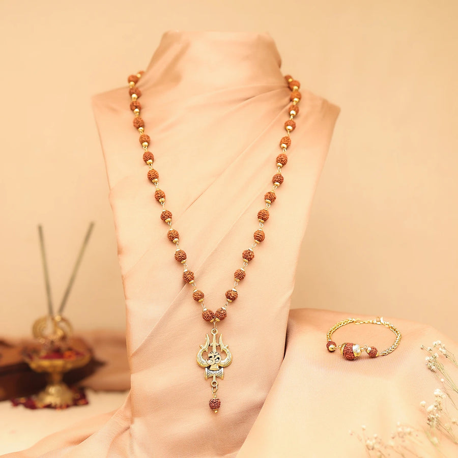 Gold Plated Rudraksha OM Shiva Trishool Necklace & Rudraksha Bracelet