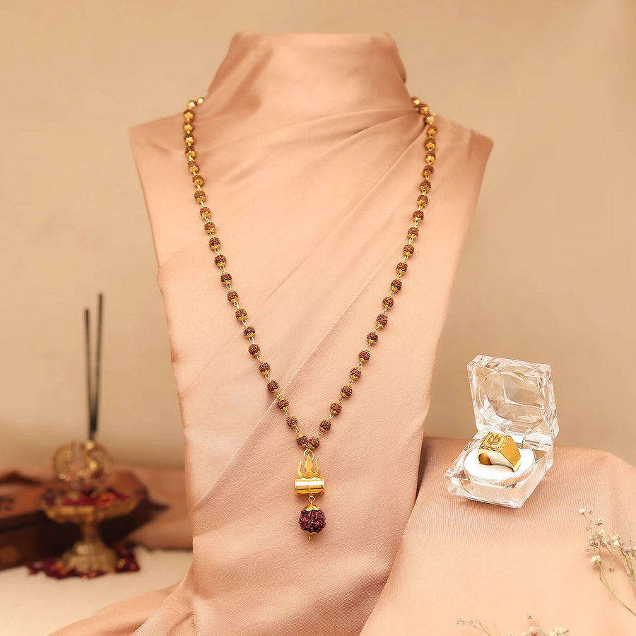 Gold-Plated Rudraksha Shiva Damroo Trishool Necklace & Trishool Ring