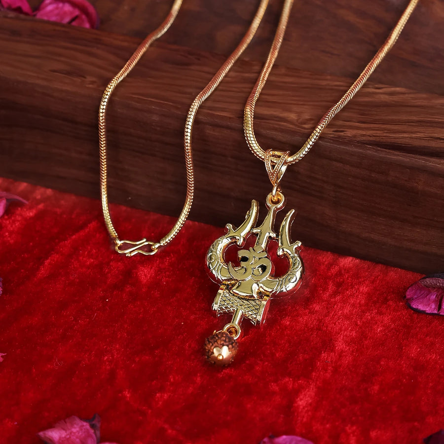 Gold Plated OM Shiva Trishul Chain Necklace