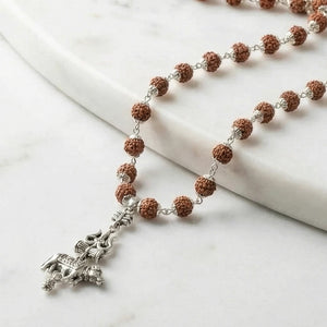 Silver Cap Rudraksha Mala with Shiv Trishul Nandi Pendant