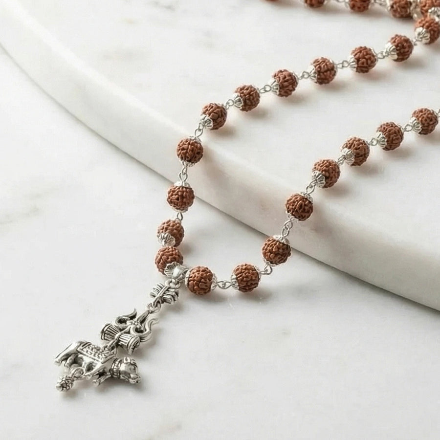 Silver Cap Rudraksha Mala with Shiv Trishul Nandi Pendant