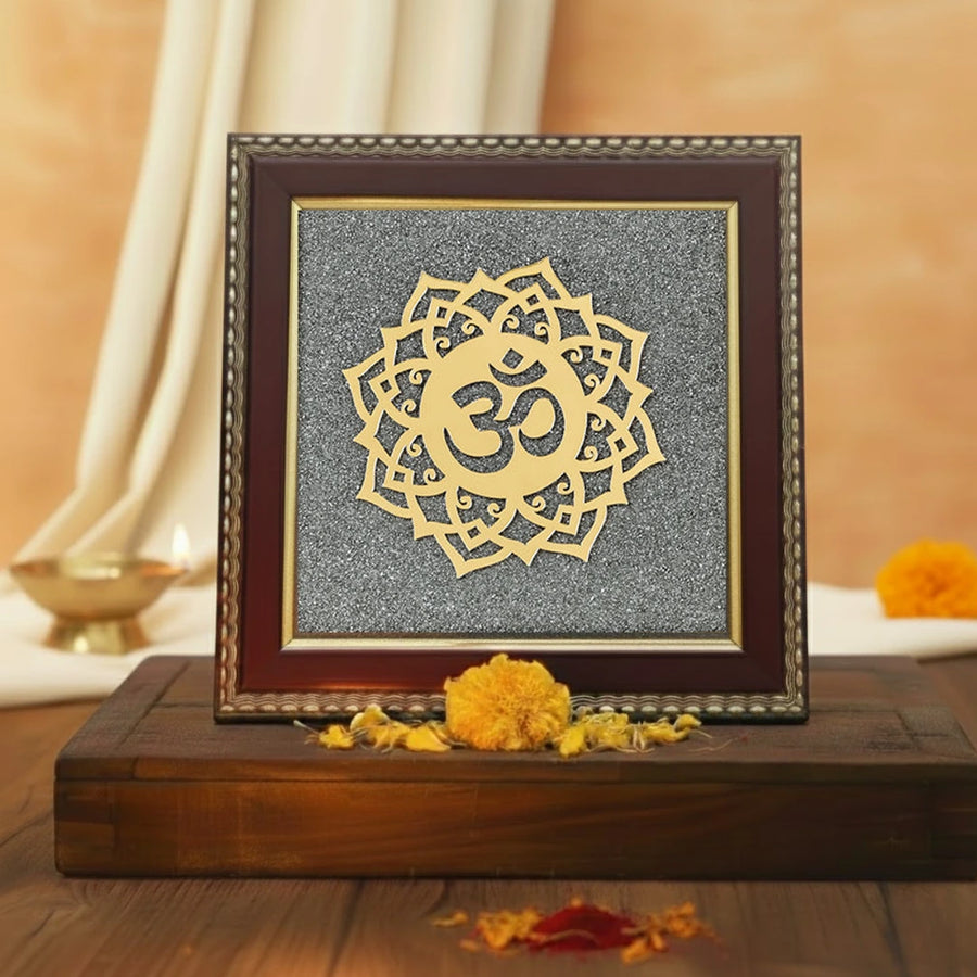 Om Symbol Raw Pyrite Frame | Meditative Mandala for Peace & Cosmic Energy