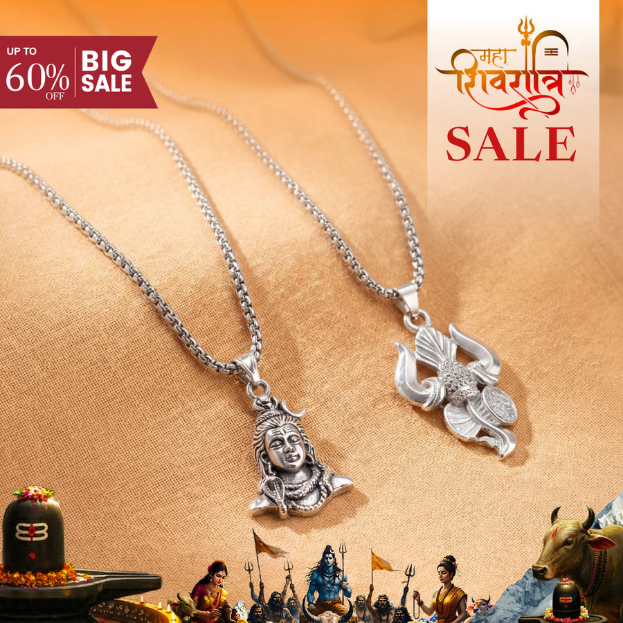 Lord Shiva Face and Trishul Damaru Pendant Combo in Silver Plating