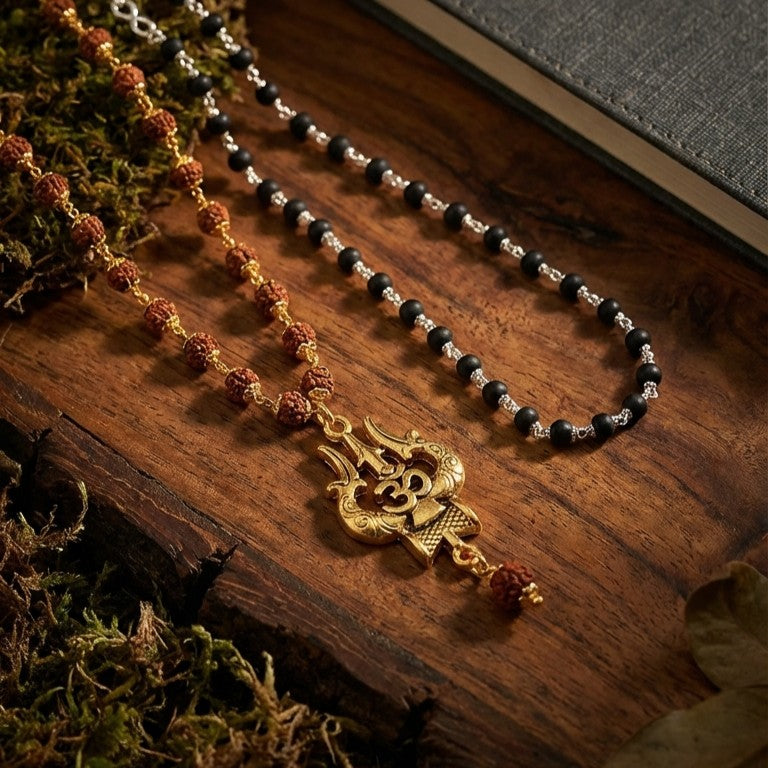 Om Shiva Rudraksha 54 Beads & Karungali Silver Cap Necklace Combo (Certified)