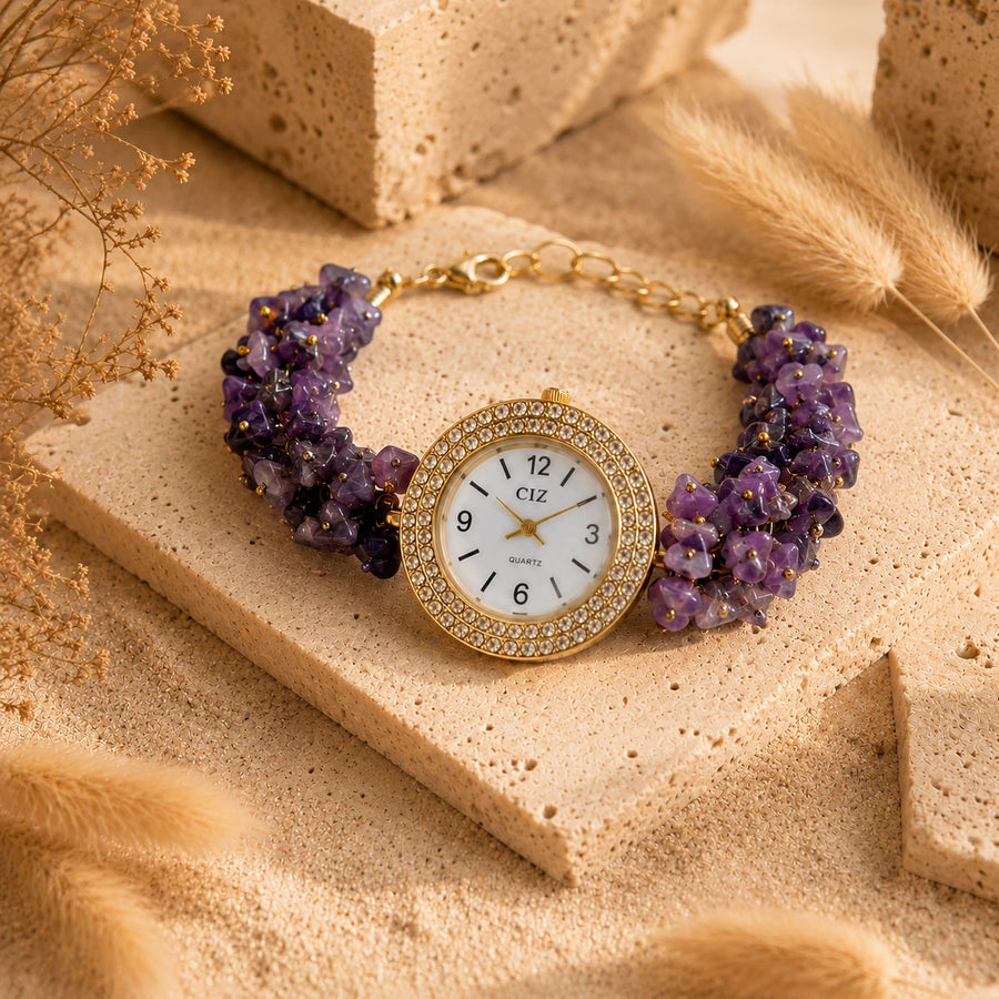 Natural Amethyst Stone Chips Watch | Purple Crystal Wrist Watch
