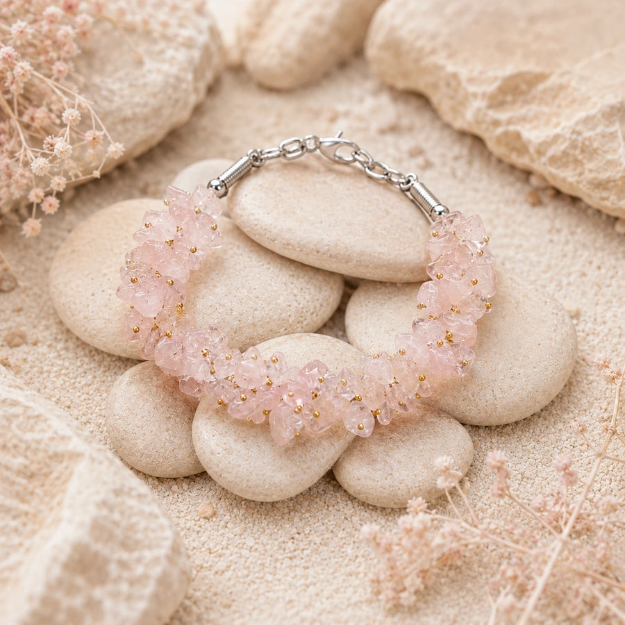 Natural Rose Quartz Chips Bracelet | Pink Crystal Love Bracelet