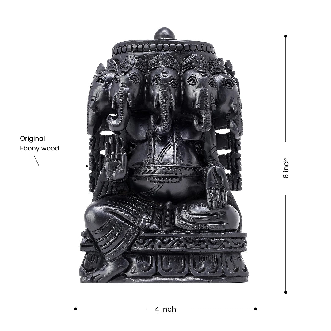 Six-inch tall Panchmukhi Ganesha idol carved from original Ebony wood