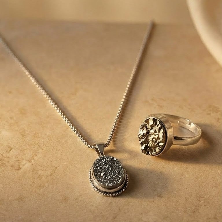 Dhanam Pyrite Combo: Raw Stone Ring & Manifestation Pendant