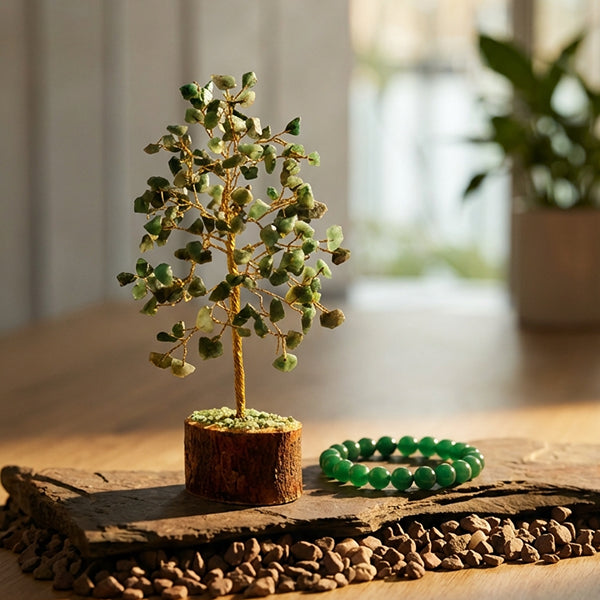 Green Jade Crystal Tree and Green Jade Bracelet Combo for Prosperity and Harmony