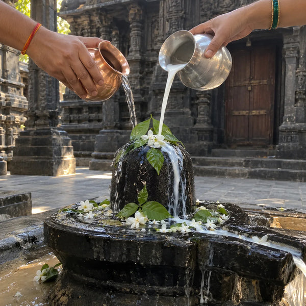 Water and milk poured over a Shivling with bilva leaves and white flowers