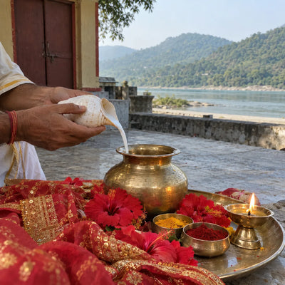Milk poured from a conch into a brass vessel with hibiscus, a chunri and kumkum