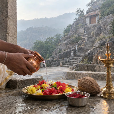 Water poured from a copper kalash over flowers with kumkum, a coconut and a samai lamp