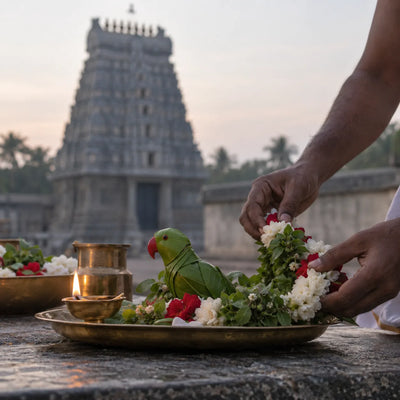 Andal Archana: a tulasi garland and a leaf-crafted parrot for an Andal archana