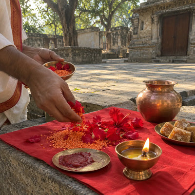 Red flowers, masoor dal and red sandalwood on a red cloth with a copper lota for Mangal puja