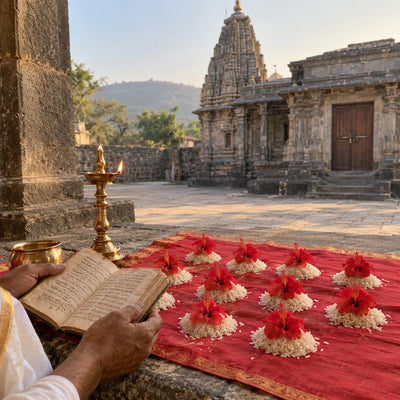 Manuscript beside eleven heaps of rice and hibiscus for Atharvashirsha recitations