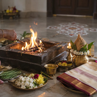 Ayushya Homam on Your Birth Star: an Ayushya homam fire with a kalasam and a new silk cloth