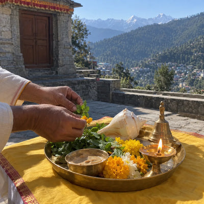 Tulsi leaves, yellow flowers, a conch and a ghee lamp on a yellow cloth, Himalayan slopes behind
