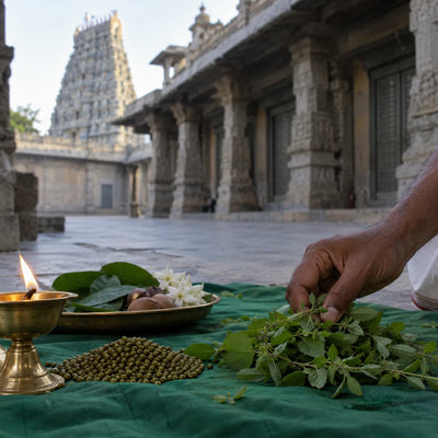 Budha (Mercury) Archana: tulasi, green gram and betel leaves on a green cloth for Budha archana