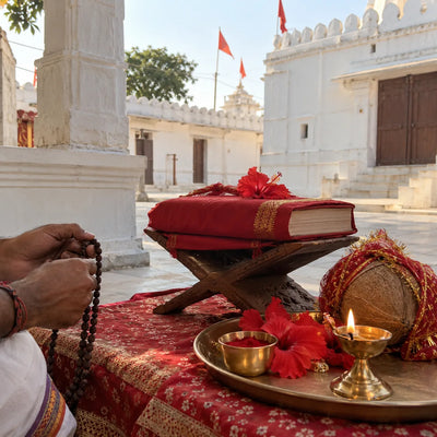 A red-cloth scripture on a wooden stand with hibiscus, kumkum and a ghee diya