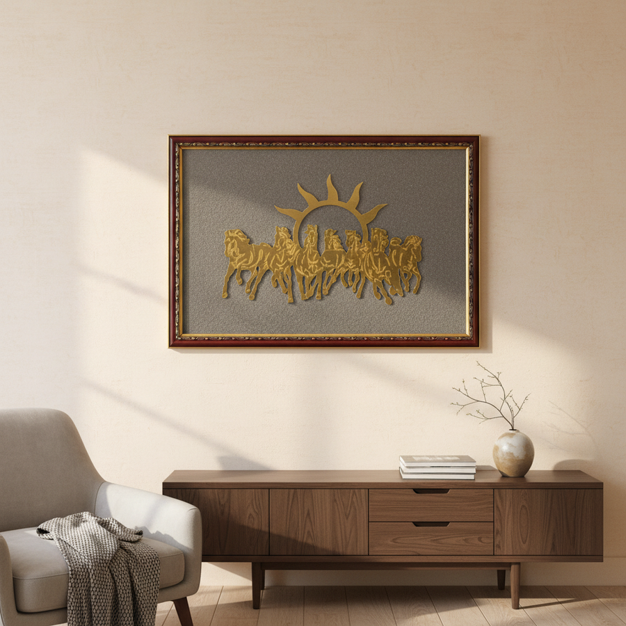 7 Horses Raw Pyrite Frame for Vastu & Prosperity - Extra Large Size (18*12 inch)