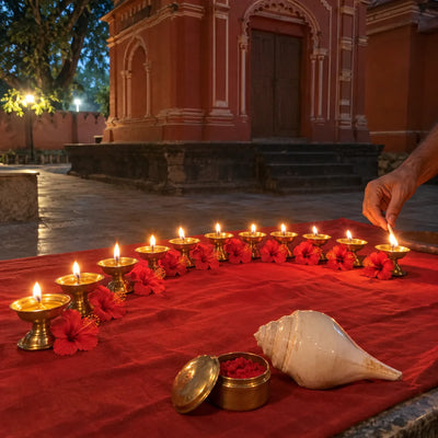 Ten brass diyas with red hibiscus lit in an arc for Dash Mahavidya puja