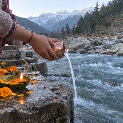 Milk poured into a clear mountain stream with marigold petals and a diya