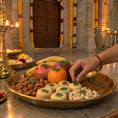 Dry fruits, fruits and pedas on a brass thali, each topped with a tulsi leaf