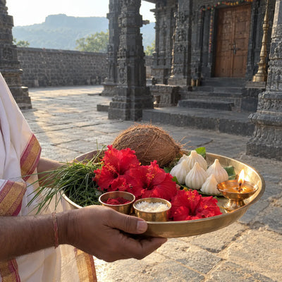 Red hibiscus, durva grass, modaks and a coconut on a brass plate for Ganesh puja